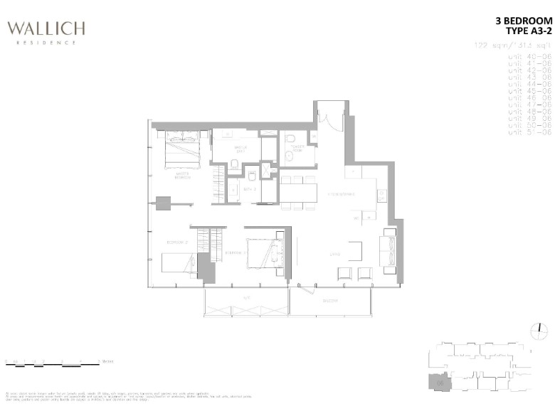Wallich Residence 3 bedroom layout