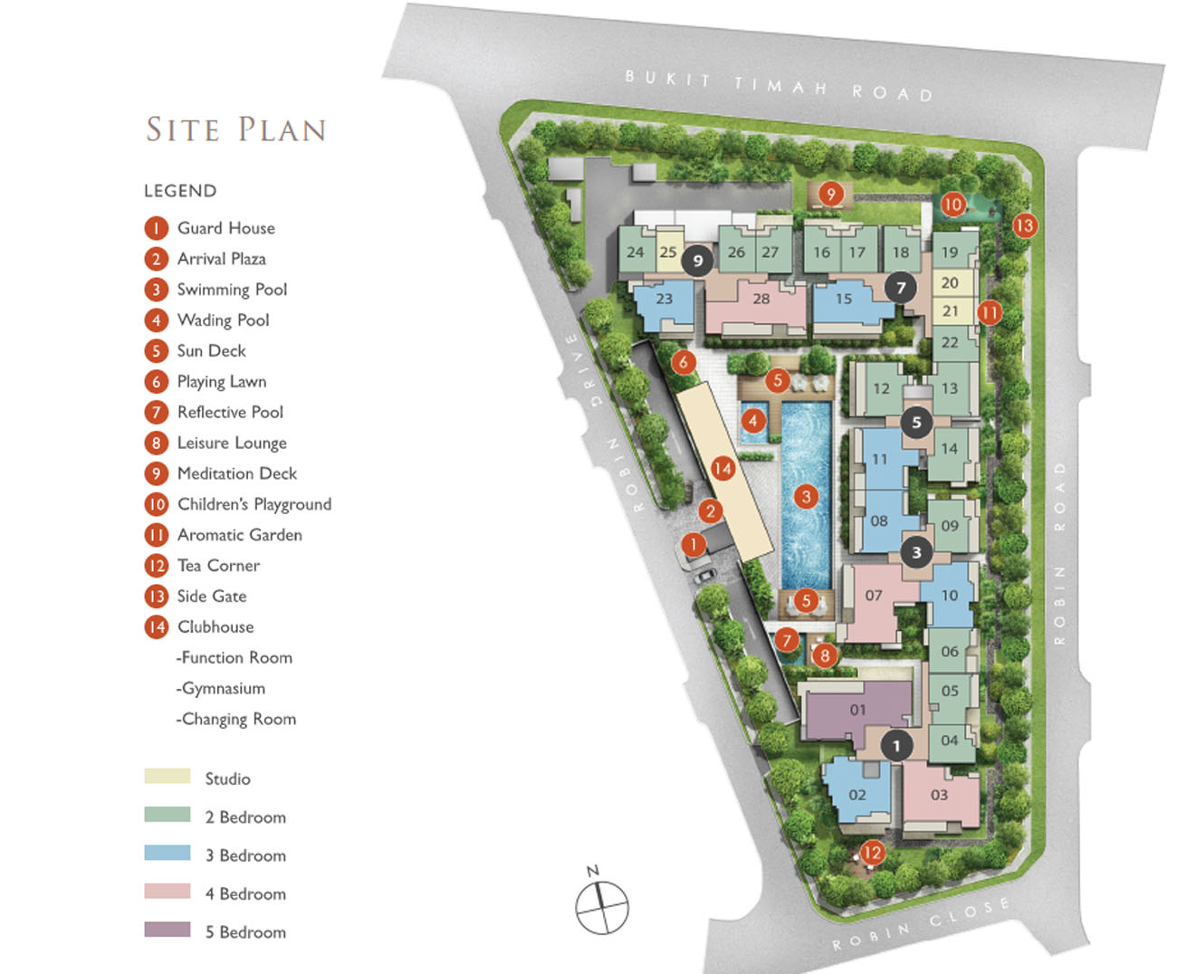 Robin Residences site plan with block layout by unit type, along Robin Road and Bukit Timah Road