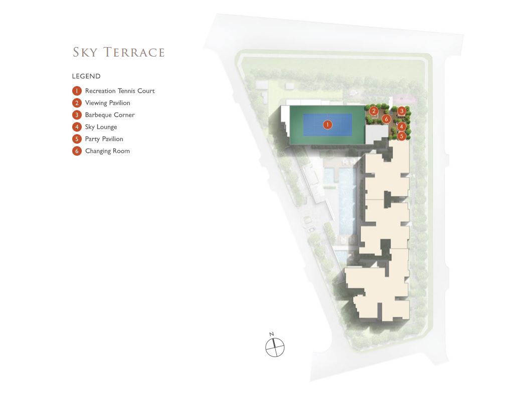 Robin Residences sky terrace plan with the rooftop tennis court and party pavilion