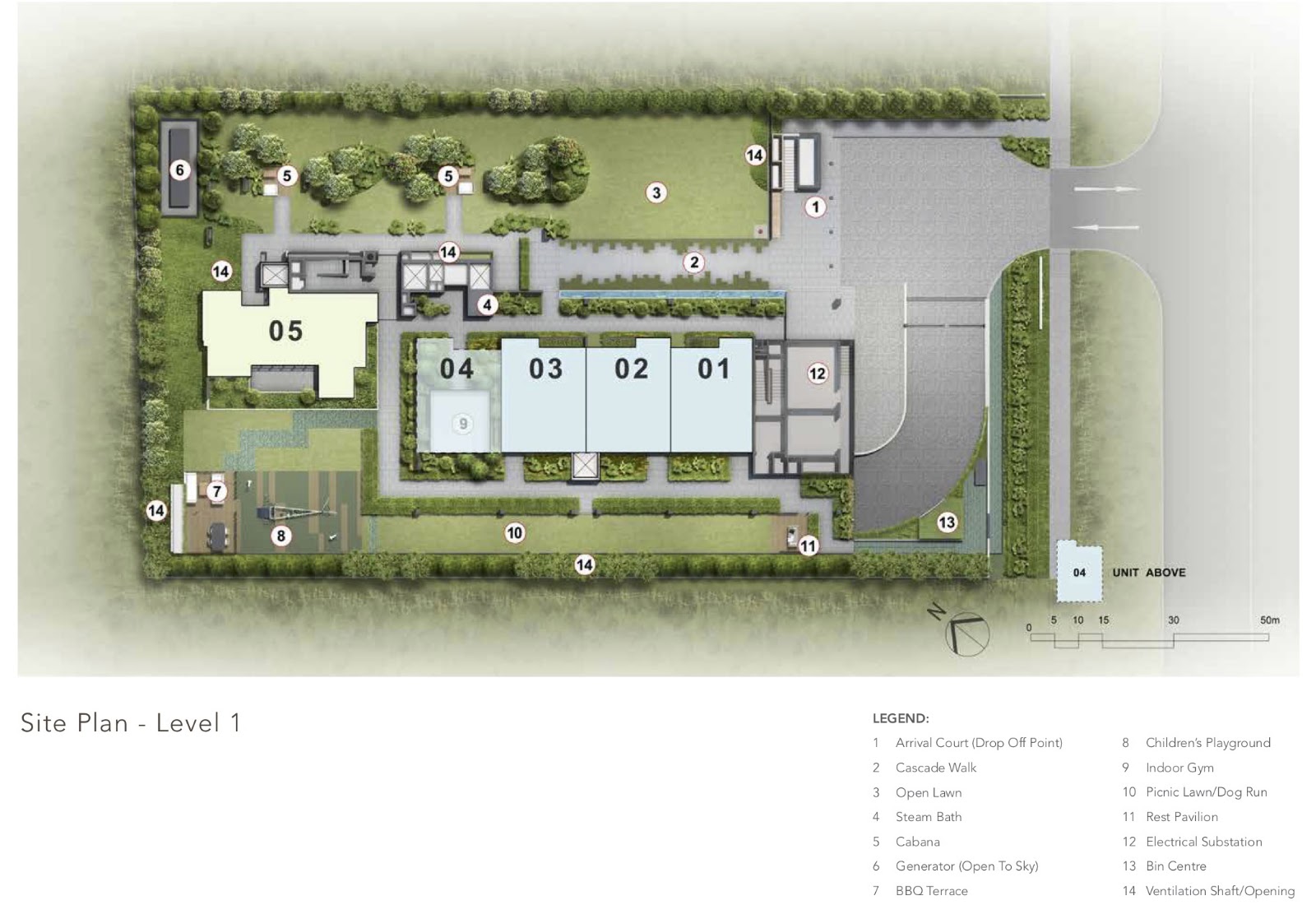 Sloane Residences level 1 site plan with arrival court, blocks 01 to 05 and facilities
