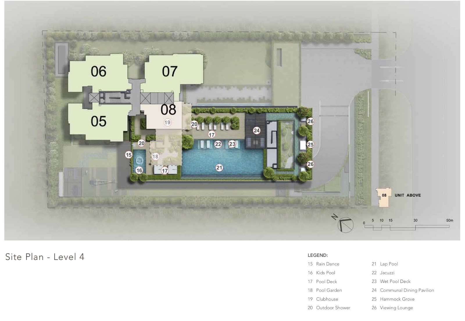 Sloane Residences level 4 site plan with lap pool, jacuzzi and communal dining pavilion