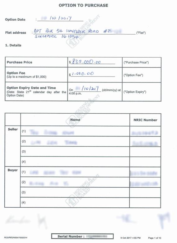 HDB resale Option to Purchase form for a Havelock Road flat, with personal details blurred