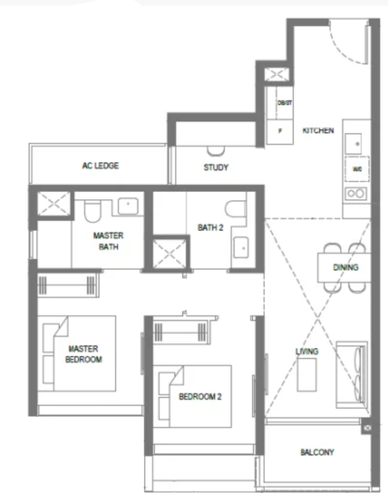 the m condo 2 bedroom plus study floorplan