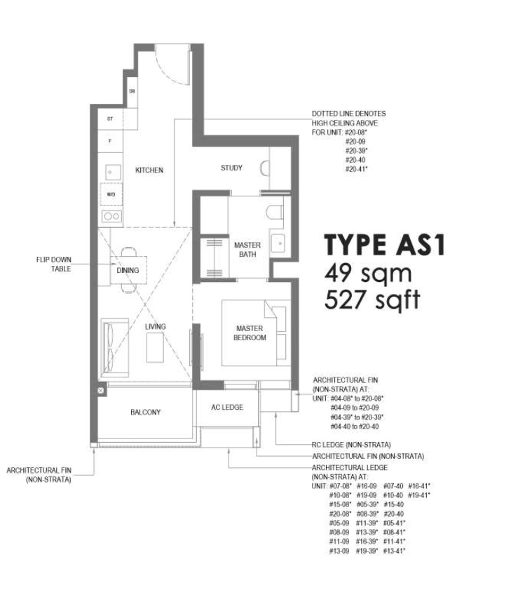 the m condo 1 bedroom plus study floorplan