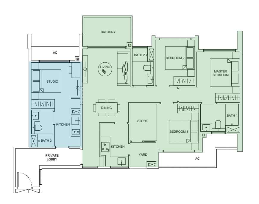 4 bedroom dual key condo unit floorplan