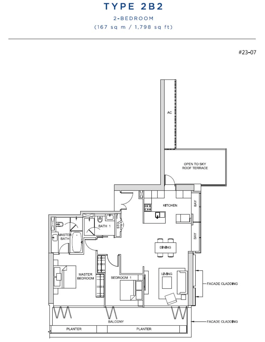 South Beach Residences Type 2B2 floor plan, a 1,798 sq ft 2-bedroom unit (#23-07) with sky terrace access