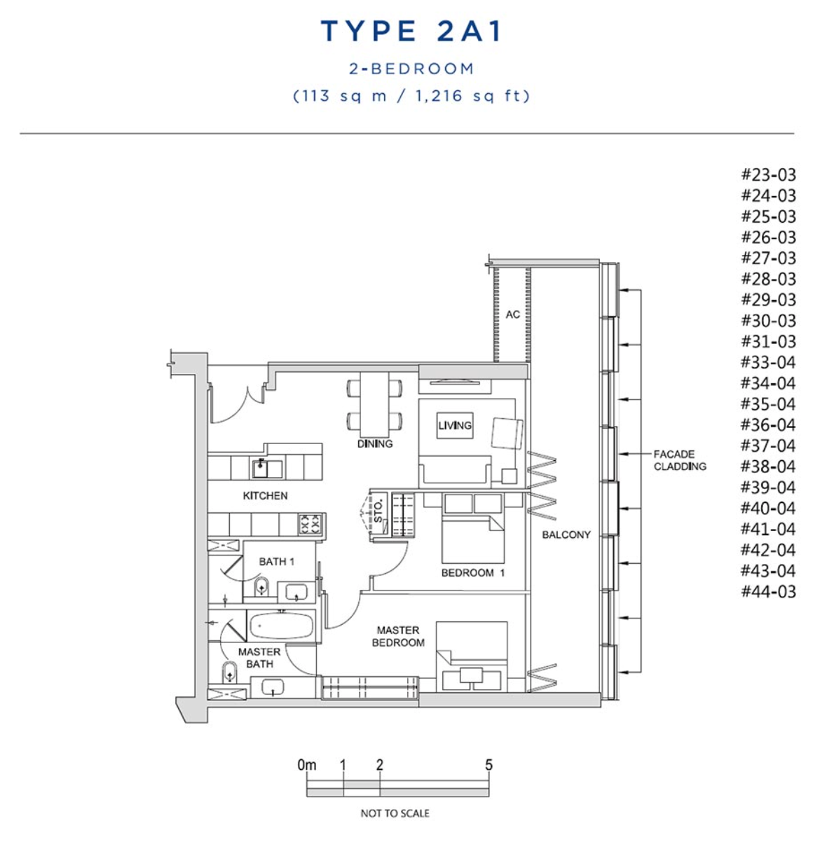 South Beach Residences Type 2A1 floor plan, a 1,216 sq ft 2-bedroom unit
