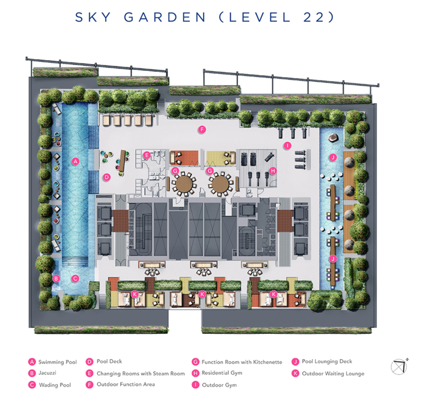 South Beach Residences level 22 sky garden plan with swimming pool, jacuzzi and gym