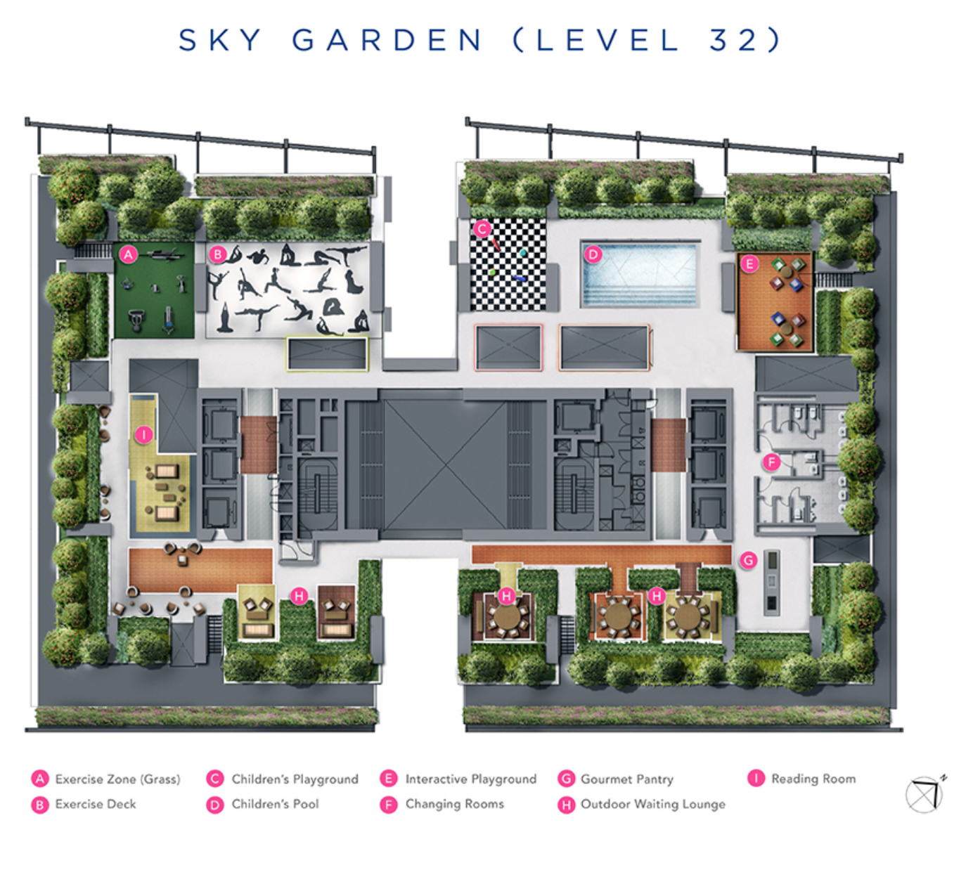 South Beach Residences level 32 sky garden plan with children's playground, exercise deck and reading room