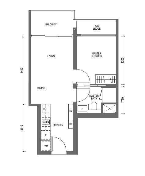 midtown modern 474 sqft floorplan