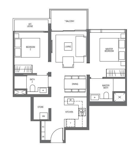 midtown modern 2 bedroom floorplan