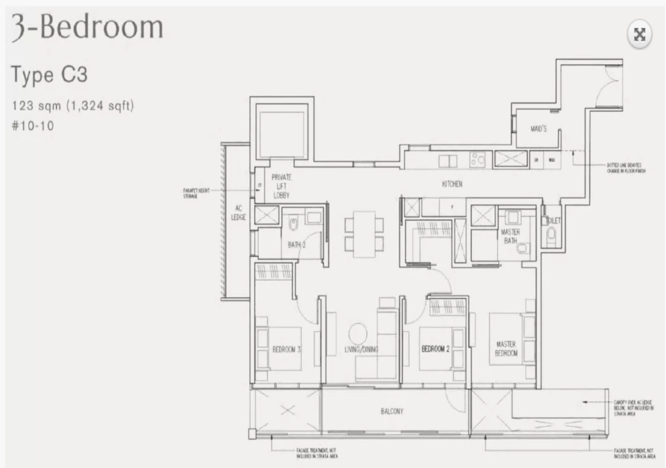19 Nassim Type C3 floor plan, a 1,324 sq ft 3-bedroom unit with private lift lobby