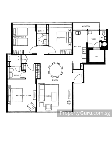 Tanglin Residences 3-bedroom floor plan, 1,398 sq ft