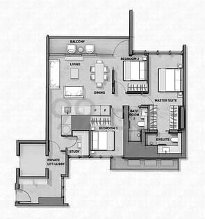 Cuscaden Reserve 3-bedroom floor plan with private lift lobby, 1,152 sq ft