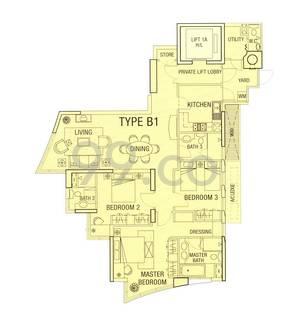 Cuscaden Residences Type B1 3-bedroom floor plan, 1,442 sq ft