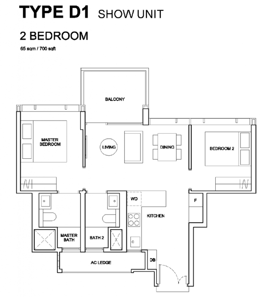 Hyll On Holland Type D1 2-bedroom floor plan, 700 sq ft