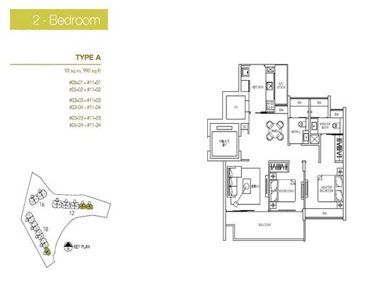 Parvis Type A 2-bedroom floor plan, 990 sq ft