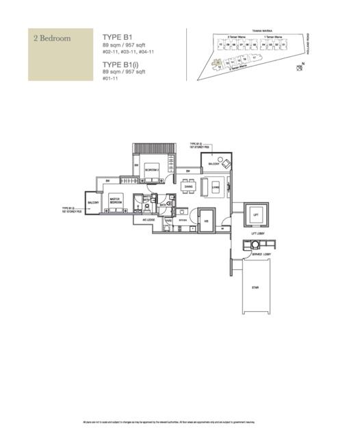 Holland Residences Type B1 2-bedroom floor plan, 957 sq ft