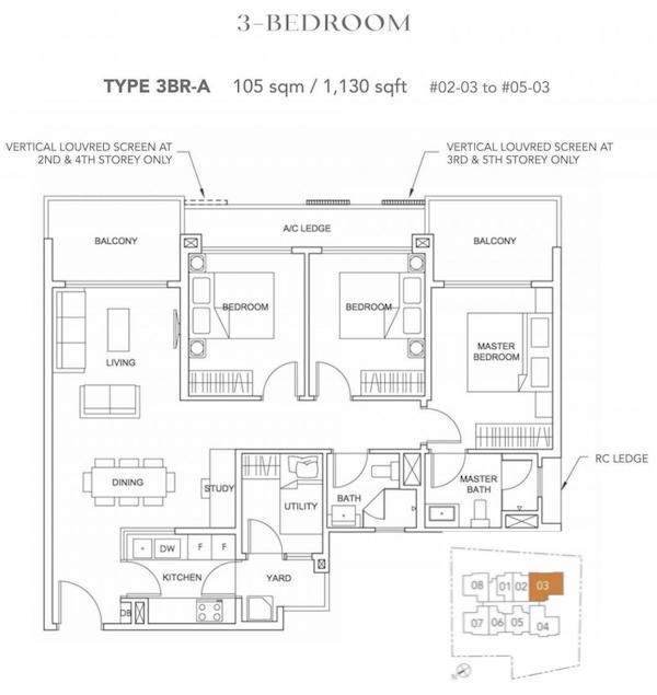 Jervois Treasures Type 3BR-A 3-bedroom floor plan, 1,130 sq ft