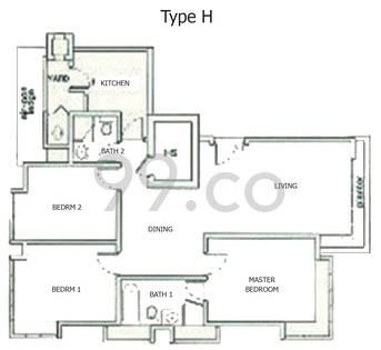 Jervois Regency Type H 3-bedroom floor plan, 1,270 sq ft
