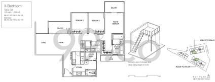 Mon Jervois Type C3 3-bedroom floor plan, 1,389 sq ft