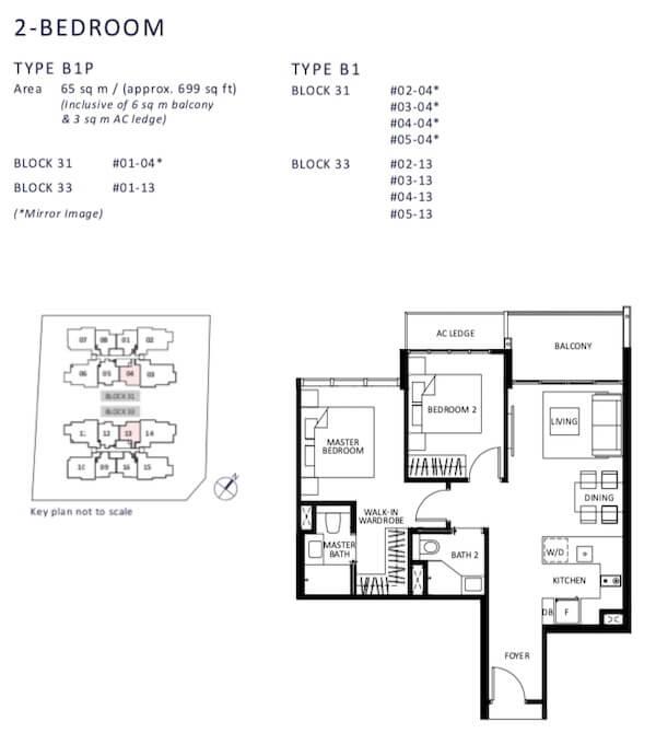 The Lilium Type B1P 2-bedroom floor plan with walk-in wardrobe, 699 sq ft