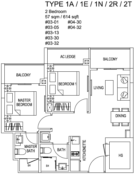Kensington Square Type 1A 2-bedroom floor plan, 614 sq ft