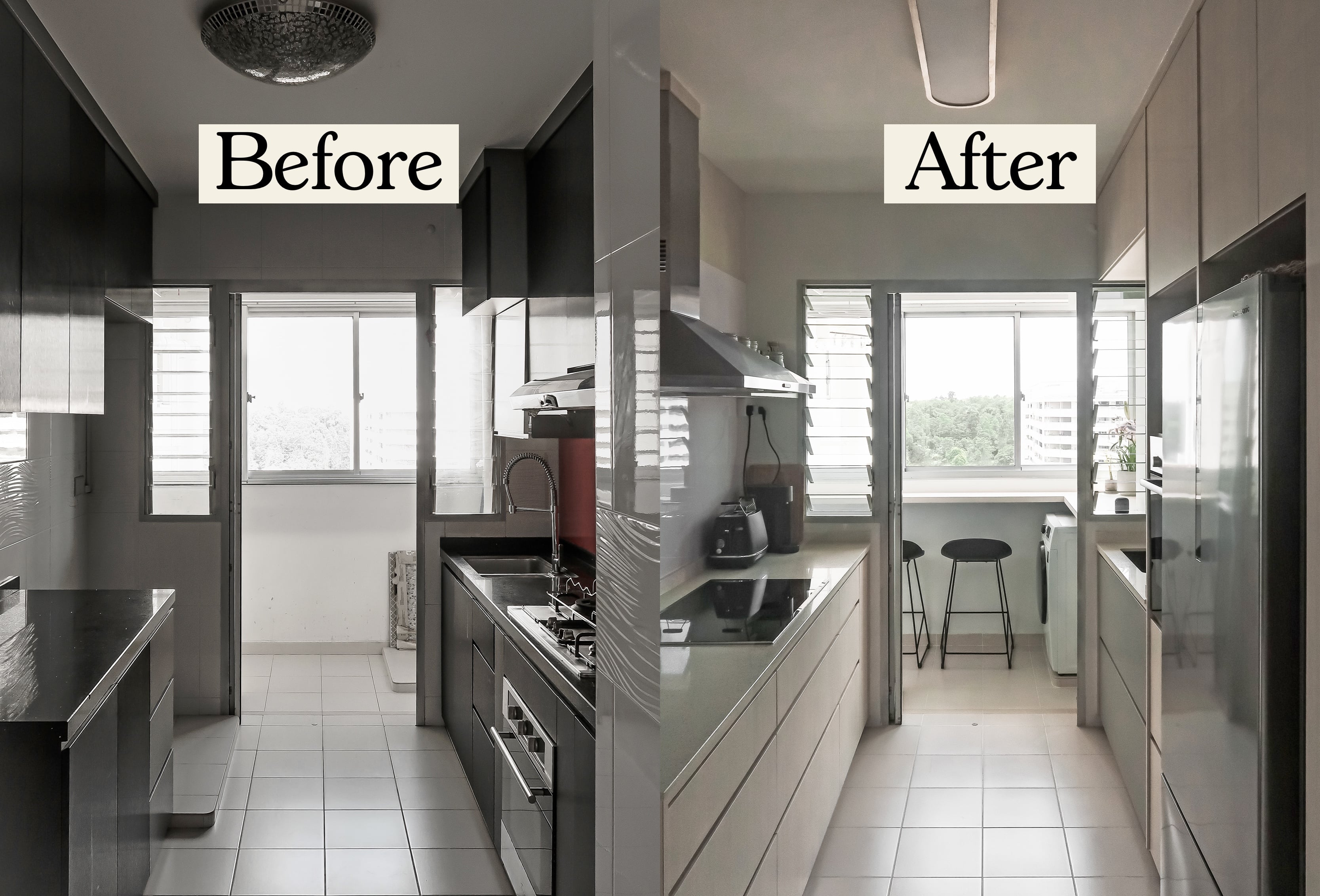 before after interior kitchen