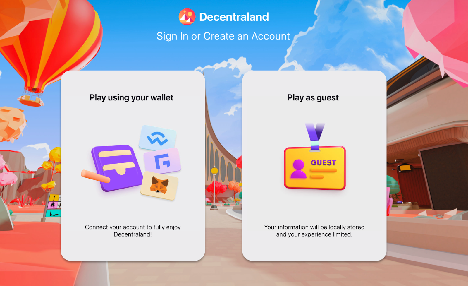 Decentraland sign-in page offering to play with a crypto wallet or as a guest