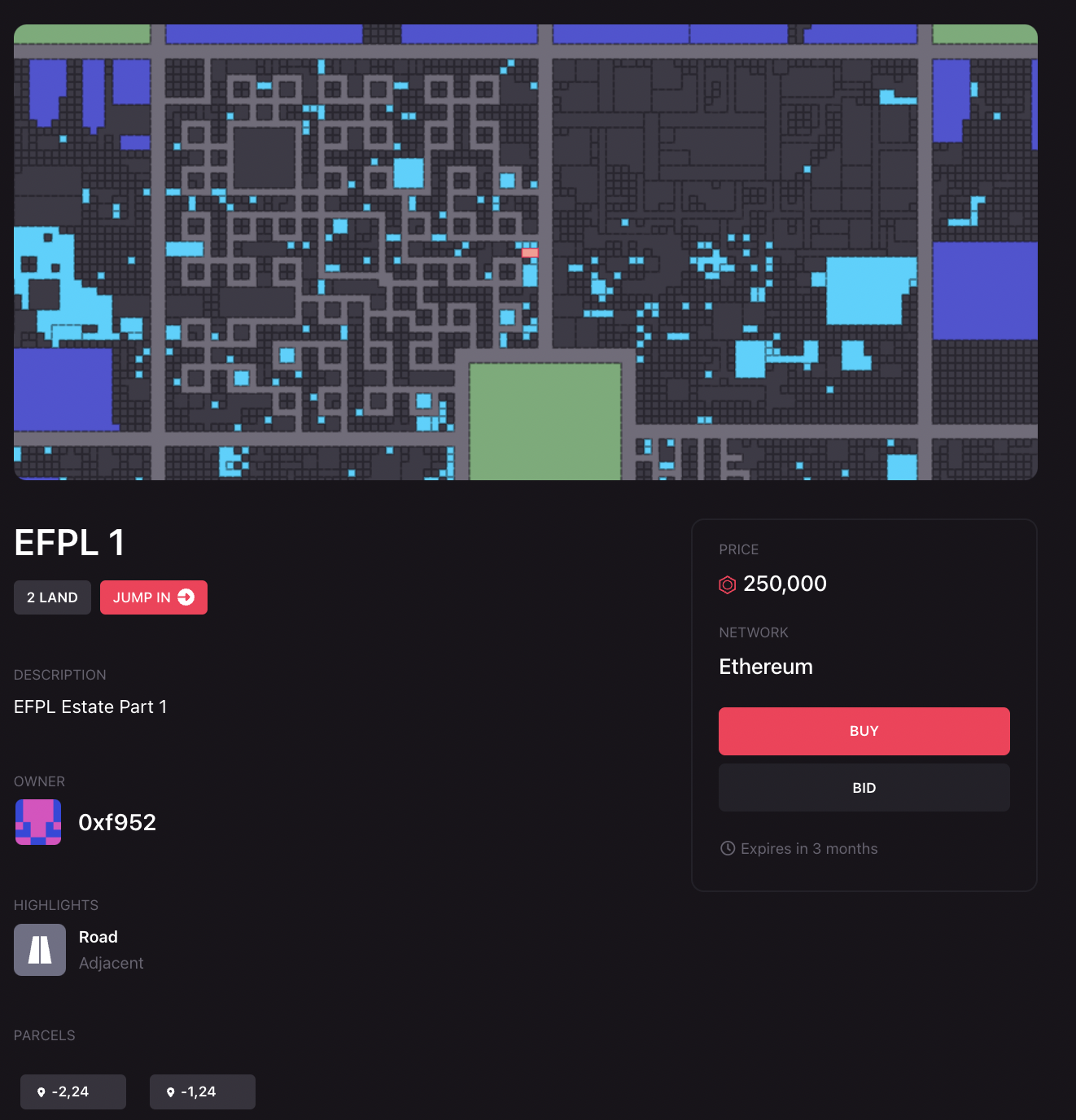 Decentraland marketplace listing for two LAND parcels priced at 250,000 MANA