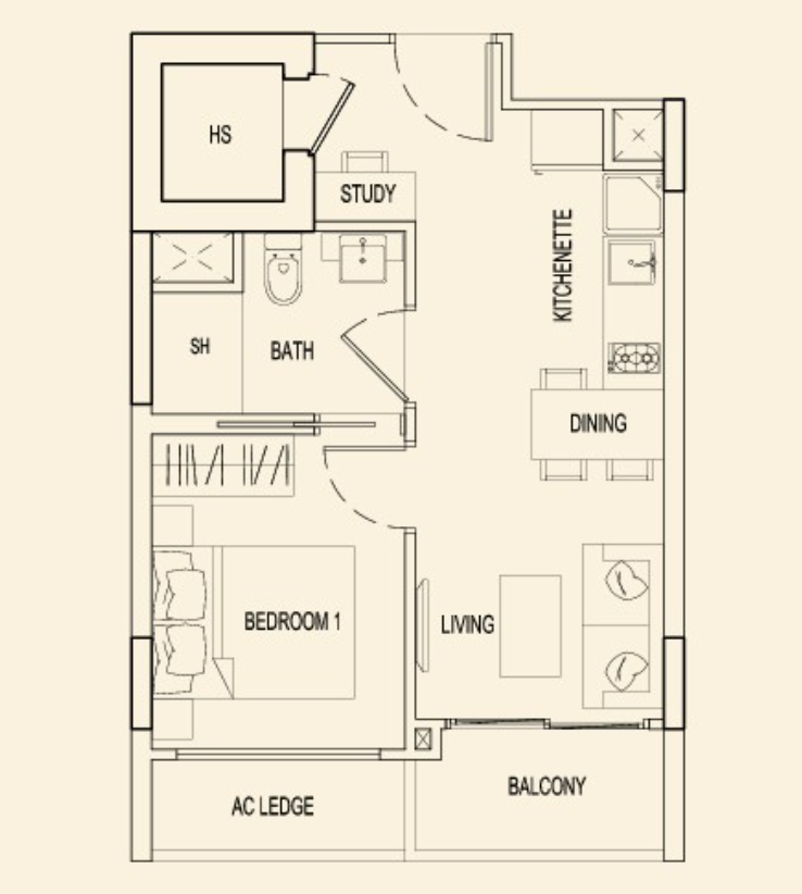 Parc Rosewood 1 bedroom unit layout