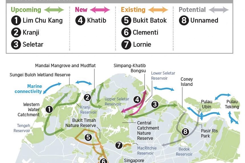 Map of Singapore's nature corridors: upcoming, new, existing and potential