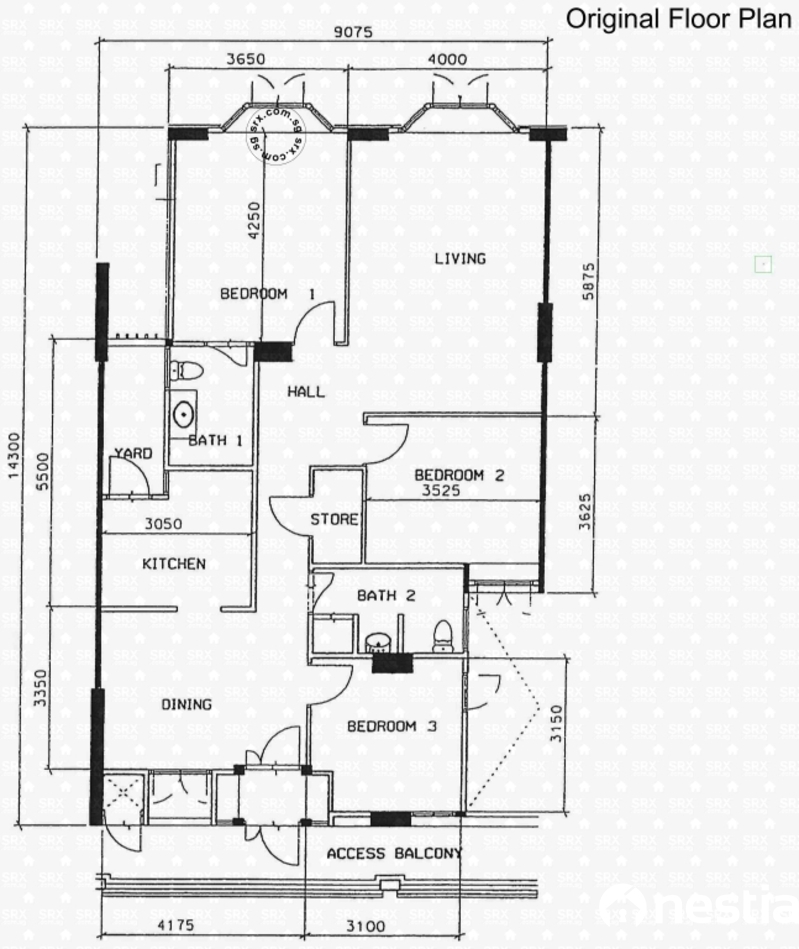 Original floor plan of a 4-room HDB flat at Block 631-637 Choa Chu Kang North 6, with bay windows