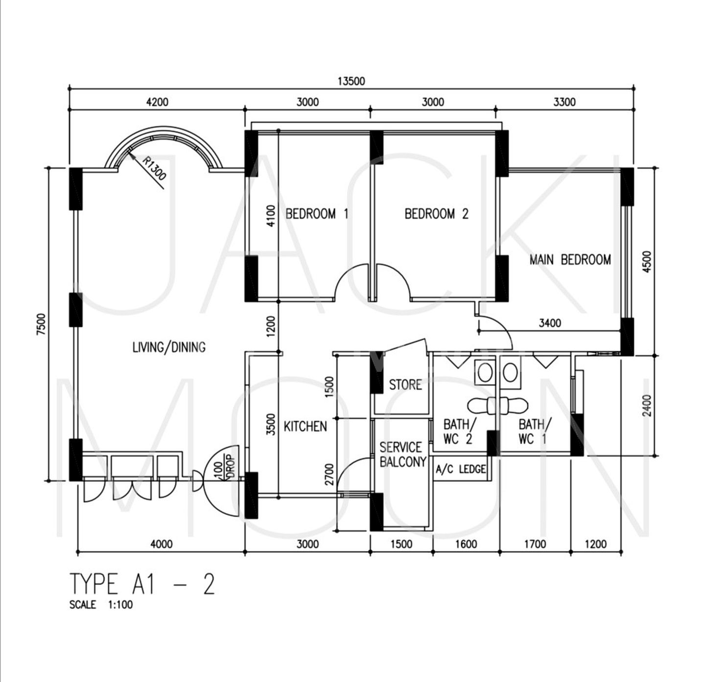 Type A1-2 4-room HDB flat floor plan with semi-circle living room windows, Block 638-643 Choa Chu Kang Street 64