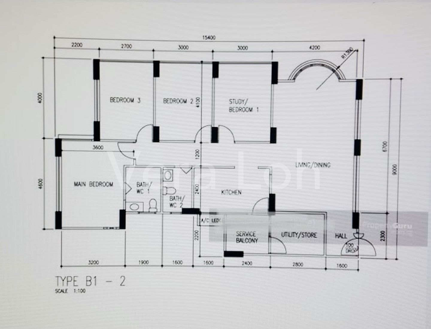Type B1-2 5-room HDB flat floor plan with semi-circle windows, Block 638-643 Choa Chu Kang Street 64