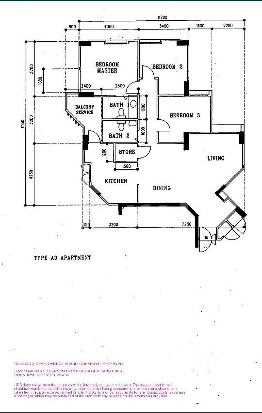 Type A3 4-room HDB flat floor plan at Block 658-661 Choa Chu Kang Crescent