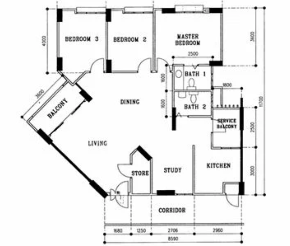 5-room HDB flat floor plan with an angled living room and balcony, Block 658-661 Choa Chu Kang Crescent