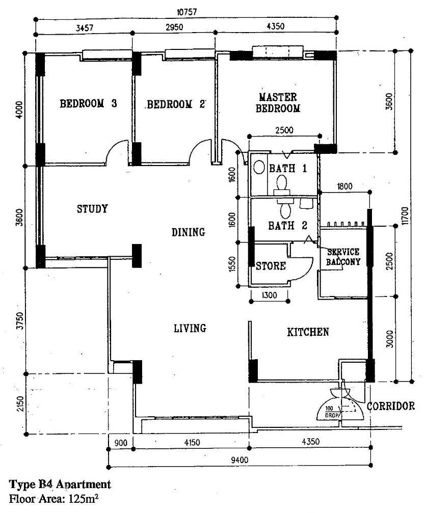 Type B4 5-room HDB flat floor plan, 125 sqm, Block 658-661 Choa Chu Kang Crescent