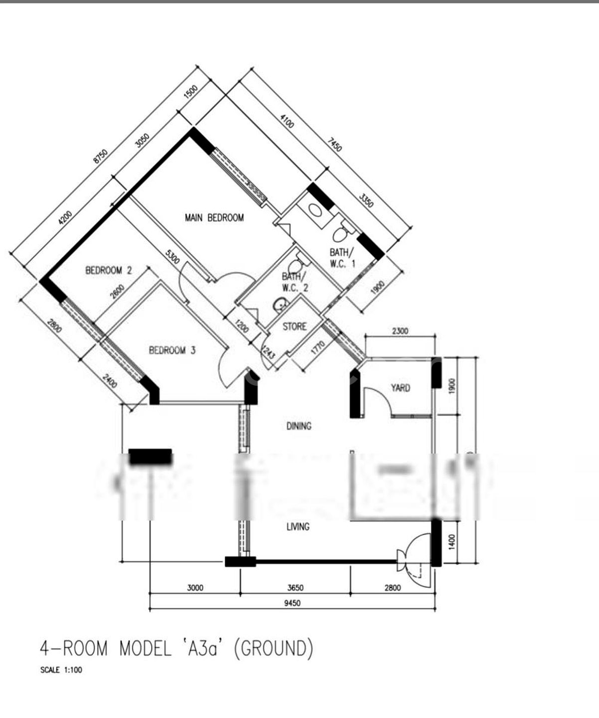 4-room HDB flat Model A3a floor plan with an angled layout, Block 687-691 Jurong West Central 1
