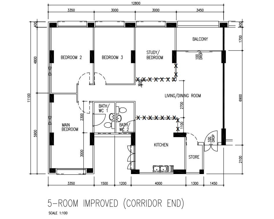 Original floor plan of the couple's 5-room improved HDB flat, with walls marked for removal