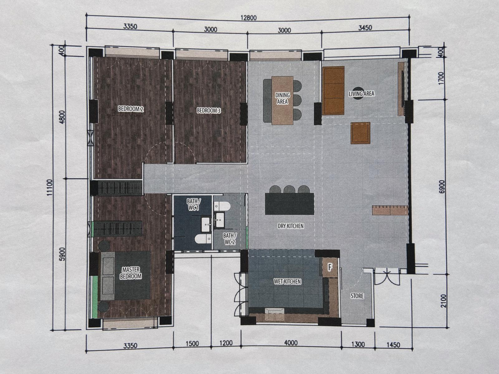 Renovated layout of the 5-room HDB flat with an open dry kitchen, dining and living area