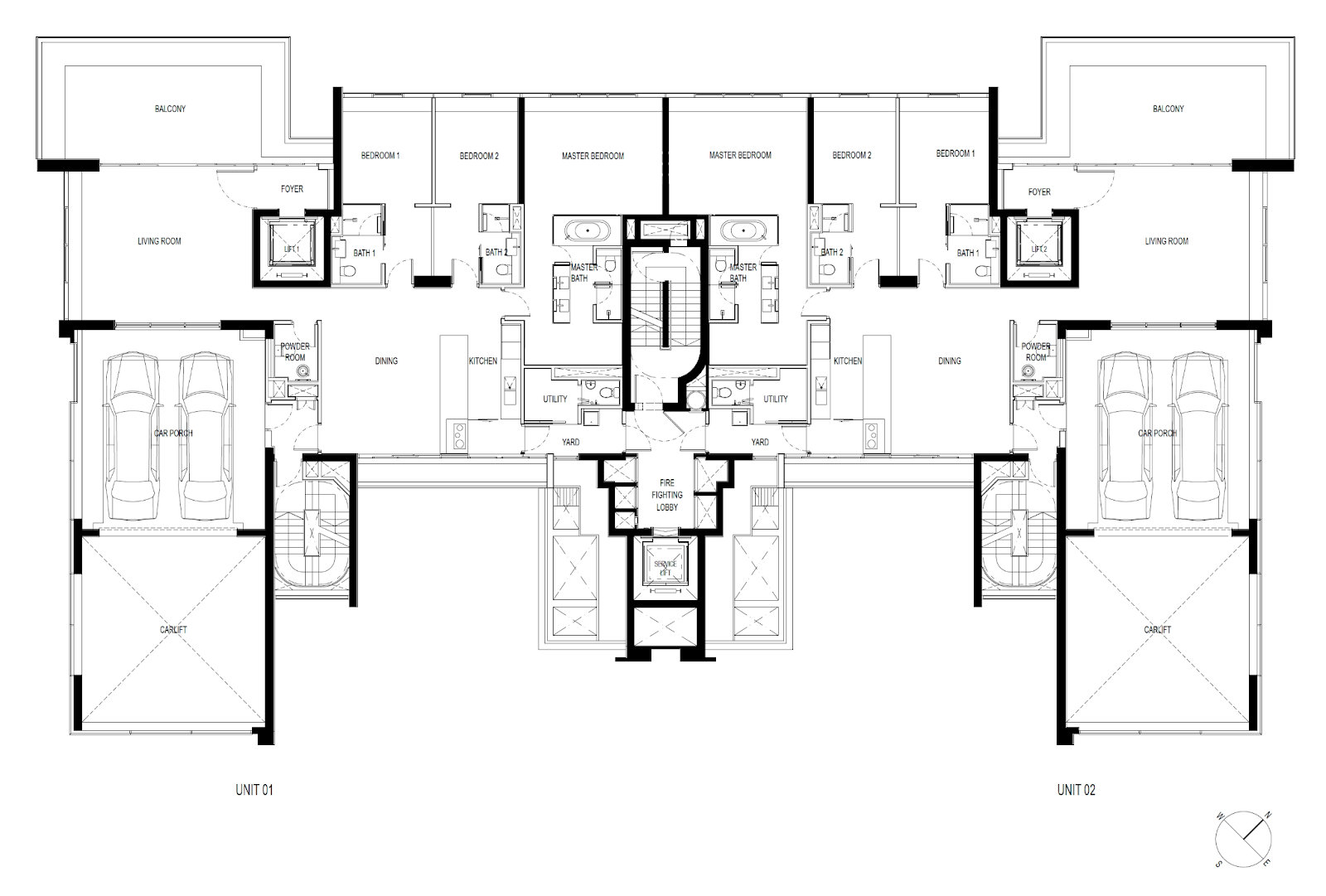 Reignwood Hamilton Scotts typical floor plan with in-unit car porches and car lifts