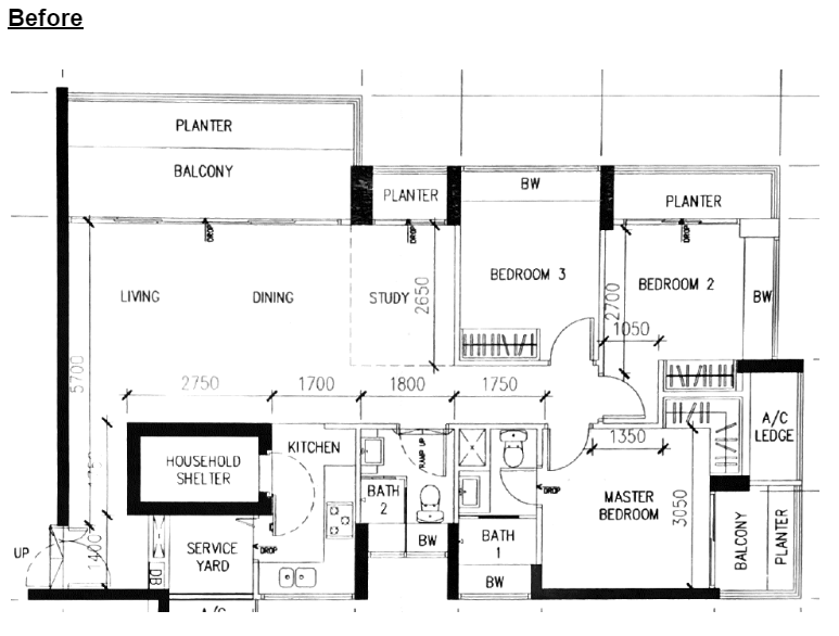 Floor plan of the 1,292 sq ft DBSS flat before renovation