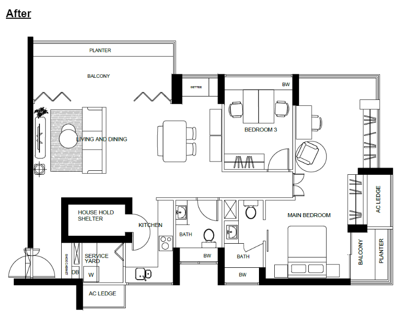 Floor plan of the DBSS flat after renovation, with the study merged into the living and dining area