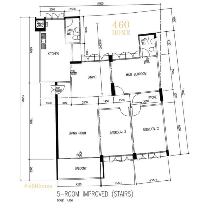 Original floor plan of the 5-room improved HDB flat in Bedok before renovation
