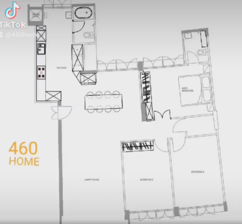 Floor plan of the Bedok HDB flat after renovation, with walls removed to open up the kitchen and dining area