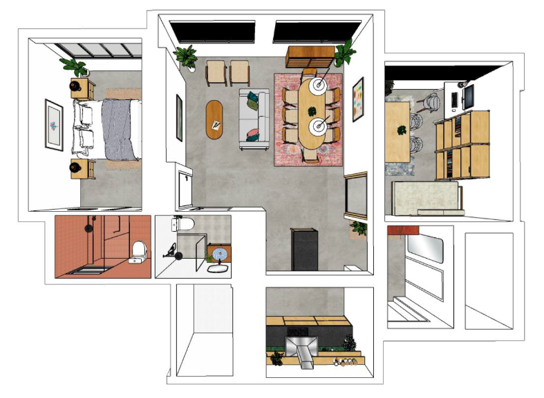 3D layout of the 1,001 sq ft HDB flat converted from four rooms into a two-bedroom home