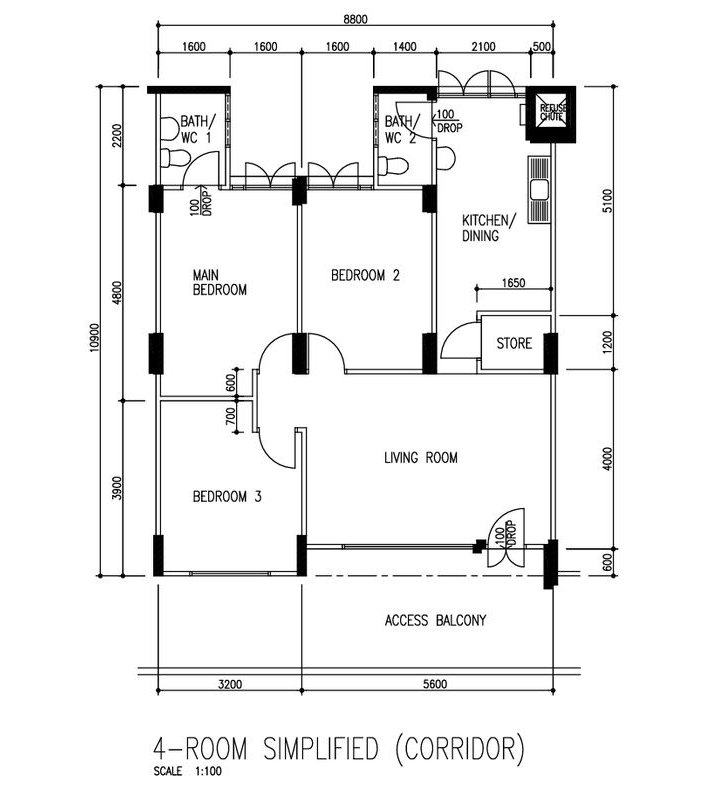Original floor plan of the 4-room simplified HDB flat before renovation