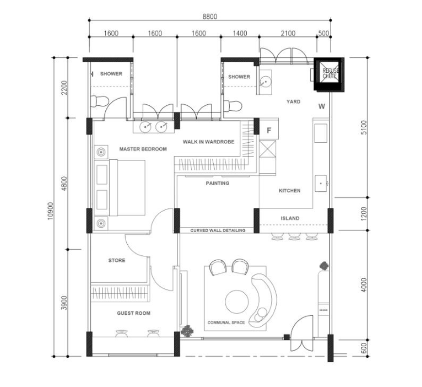 Floor plan of the 4-room HDB flat after renovation, with a walk-in wardrobe and kitchen island