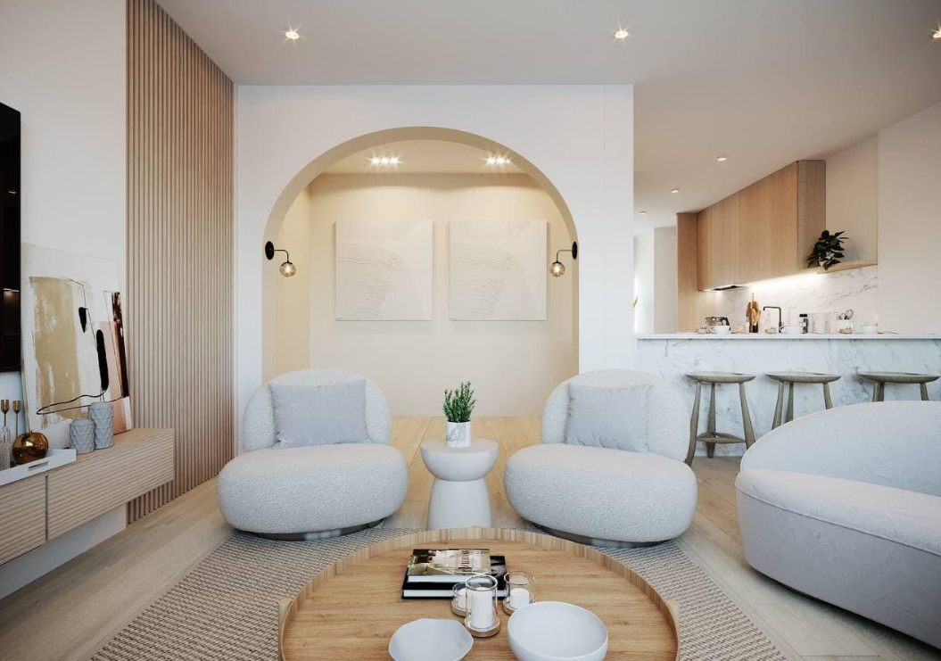 3D rendering of the Japandi living room with an arched entry to the open kitchen